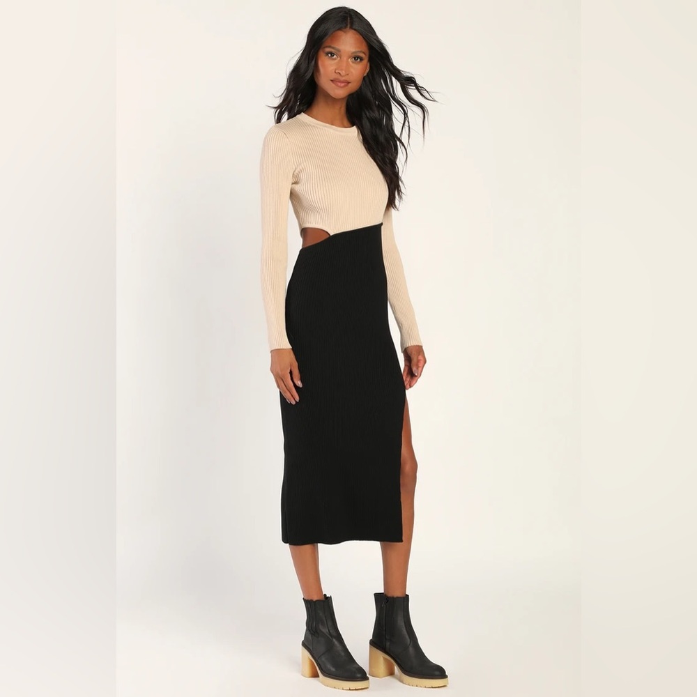 Lulus Cutest Combo Beige and Black Color Block Cutout Sweater Dress